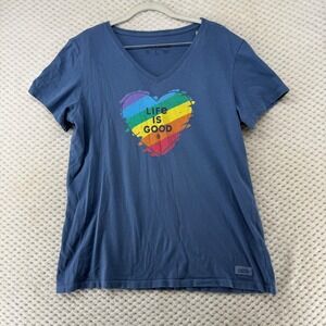 Life is Good Crusher-Lite‎ Pride V-Neck T-Shirt Rainbow Heart Graphic Womens L